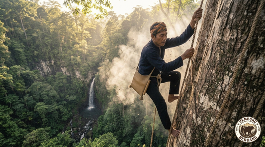 A Pemburu Beruang honey hunter climbs a towering rainforest cliff barefoot to harvest wild Apis dorsata honey in the forests of Indonesia — the source of every jar of Rock Hard Bee.