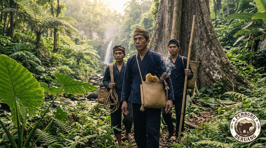 Three Pemburu Beruang honey hunters walk back through the Indonesian rainforest after a successful wild honey harvest, carrying honeycomb in traditional woven baskets — the source of every jar of Rock Hard Bee.