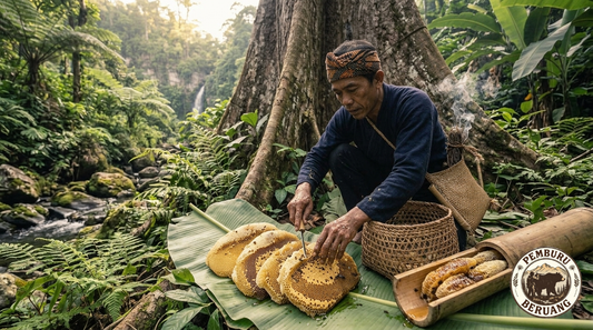 A Pemburu Beruang honey hunter processes freshly harvested wild Apis dorsata honeycomb in the Indonesian rainforest — unheated and unfiltered, preserving the full bioactive profile that makes Rock Hard Bee functionally distinct.