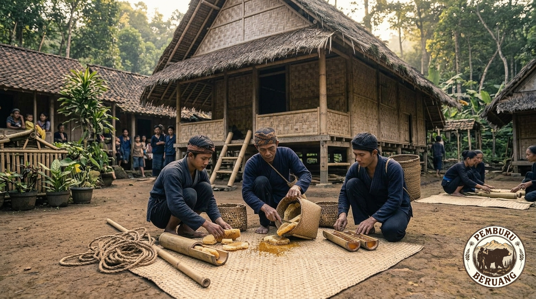 Pemburu Beruang honey hunters process their wild Apis dorsata harvest at their forest camp in Indonesia — the unheated, unfiltered honey they collect retains the full prebiotic oligosaccharide profile that feeds beneficial gut bacteria.