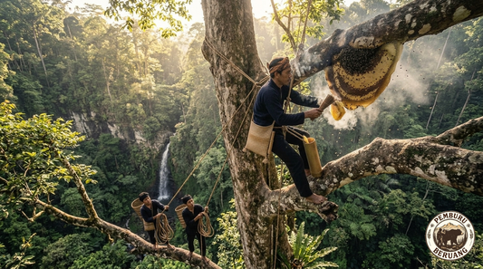 Pemburu Beruang honey hunters walk through the Indonesian rainforest carrying freshly harvested wild Apis dorsata honeycomb — a centuries-old tradition of working in harmony with nature, reflected in every unheated, unfiltered jar of Rock Hard Bee.